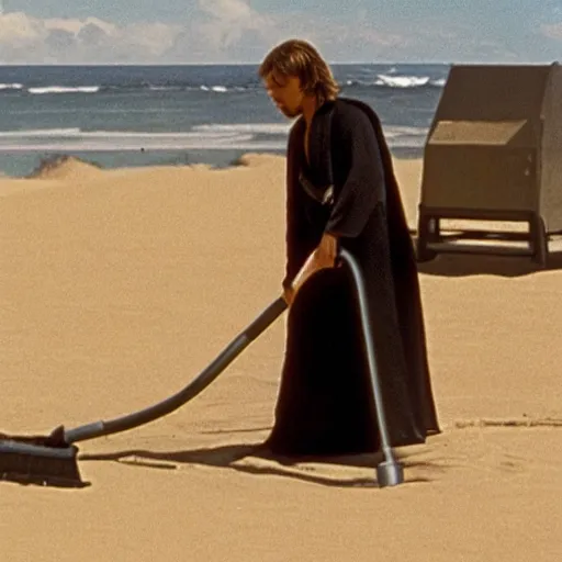 Image similar to anakin skywalker vacuuming the sand on a beach