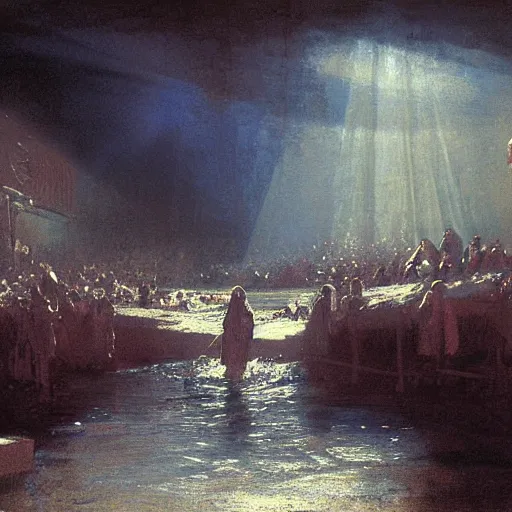Prompt: painting of Christ coming up from beneath the water in the Jordan River, his eyes fixed toward the sky, his mouth agape, the sky is dark with god rays filtering through in the distance, a crowd looks on in silence in the far background, by Jeremy Mann, stylized, detailed, realistic, loose brush strokes