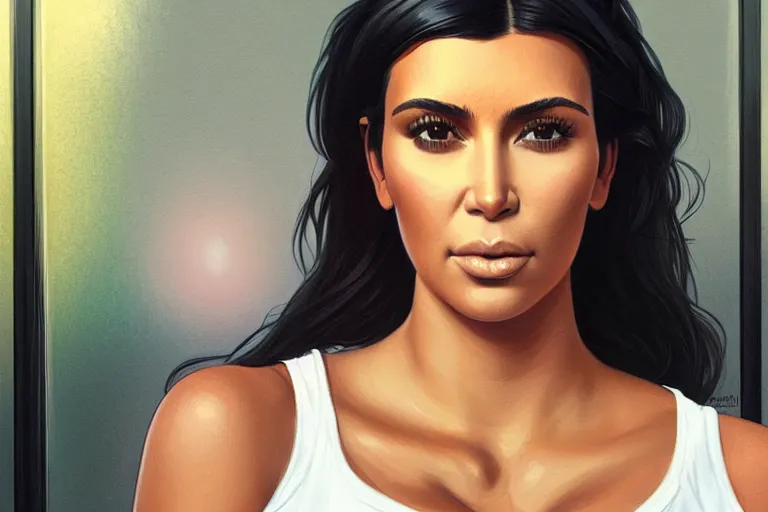 Image similar to pregnant kim kardashian in a white tank top leaning sat at a bus stop, realistic portrait, symmetrical, highly detailed, digital painting, artstation, concept art, smooth, sharp focus, illustration, cinematic lighting, art by artgerm and greg rutkowski and alphonse mucha