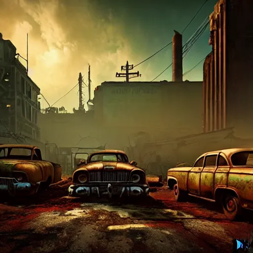 Image similar to fallout 4 : miami, ruined city environment, rusted vintage cars and trucks mysterious atmospheric lighting, matte painting, intricate, iridescent, volumetric lighting, beautiful, rich deep colours masterpiece, fog golden hour, golden ratio, sharp focus, ultra detailed, by leesha hannigan, ross tran, thierry doizon, kai carpenter, ignacio fernandez rios