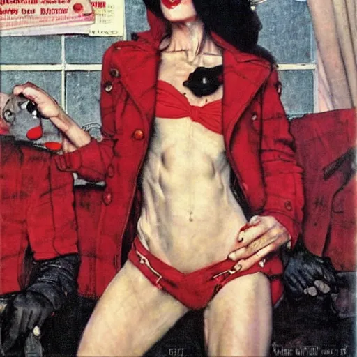 Image similar to Muscular and scary urban female vampire with a red coat and beret, by Norman Rockwell and Robert McGinnis.