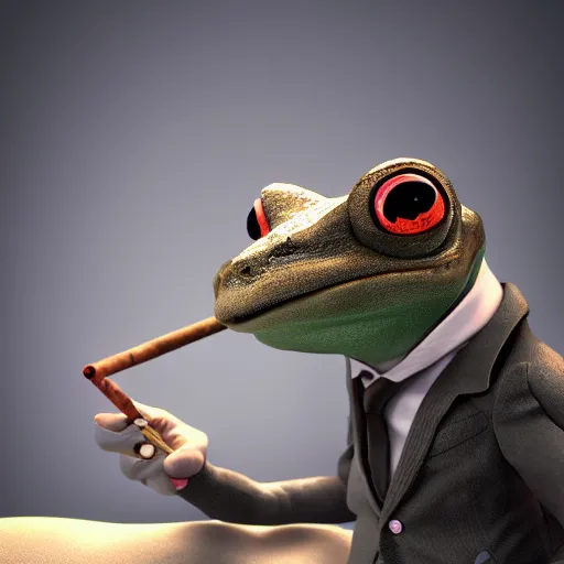 Image similar to a high quality photo of an antropomorphic frog wearing a suit smoking a cigar, 3d scene, render, ultra realistic, artstation, cgsociety