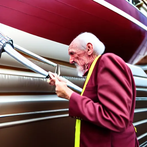 Image similar to wrinkled hunchbacked old man in musty burgundy suit, polishing painting the side of a huge gold plated mega yacht with a cloth, maintenance photo