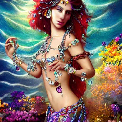 Prompt: A beautiful siren decorated with precious stones, and wherever she walks glowing flowers grow, 8k, photorealistic, ultra realistic, extreme detail, highly detailed, atmospheric, , cinematic composition