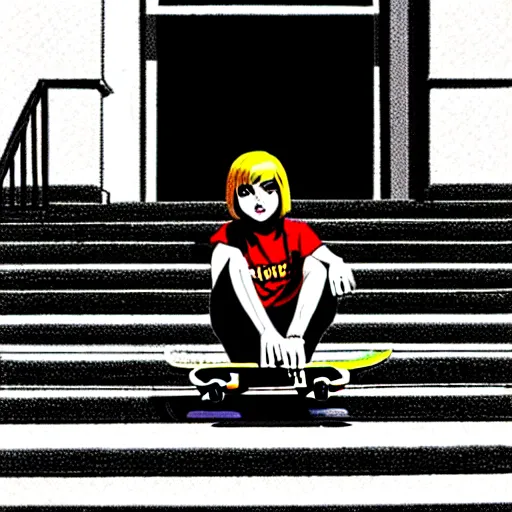 Image similar to skater girl sitting on steps by scott pilgrim, by bryan lee o'malley