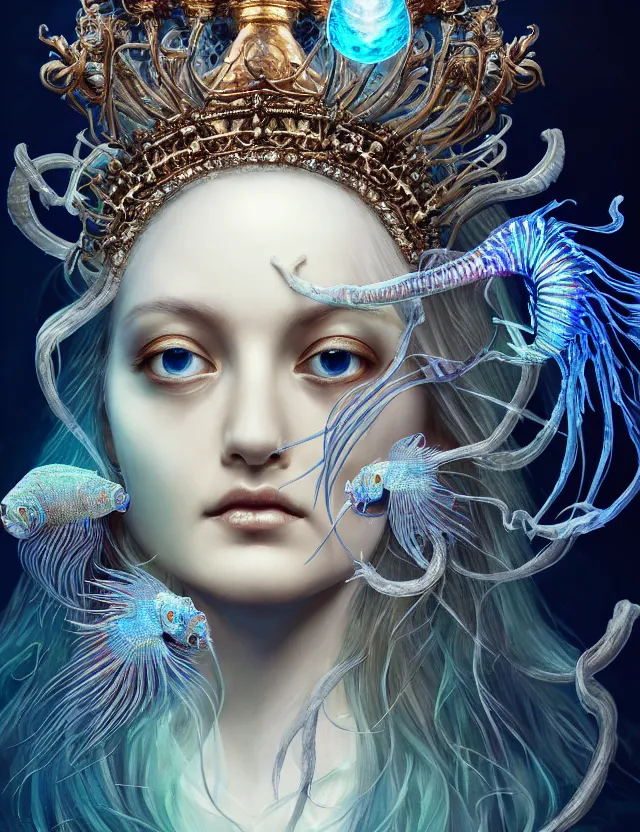 Prompt: goddess macro close - up portrait with crown made of ram skull. phoenix, betta fish, jellyfish, bioluminiscent, plasma, ice, water, wind, creature, super intricate ornaments artwork by tooth wu and wlop and beeple and greg rutkowski