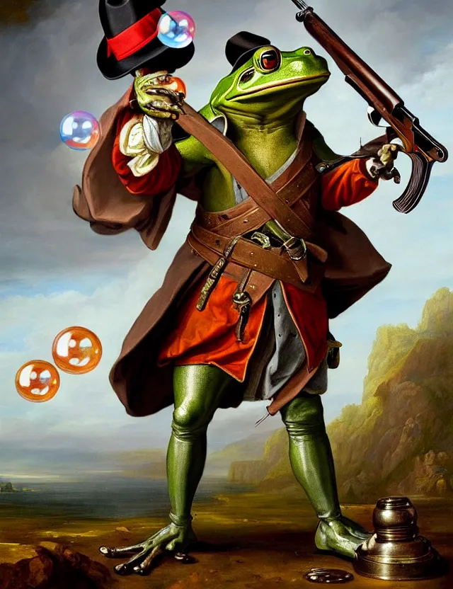 Prompt: anthropomorphic bipedal frog that is dressed as a medieval worker, and dual wielding revolver pistols, as a baroque oil painting and d & d character art, by alexander roslin, standing, fullbody, floating bubbles, enlightenment, mystic, concept art, award - winning, extremely detailed, sharp focus