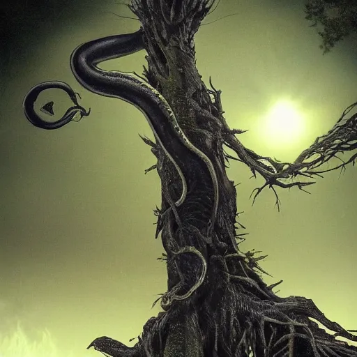 Prompt: A beautiful art installation of a large, looming creature with a long, snake-like body. The creature has many large, sharp teeth, and its eyes glow a eerie green. It is wrapped around a large tree, which is bent and broken under the creature's weight. There is a small figure in the foreground, clutching a sword, which is dwarfed by the size of the creature. Mediterranean, in Japan by James Thomas Watts, by Gerhard Richter somber, sad