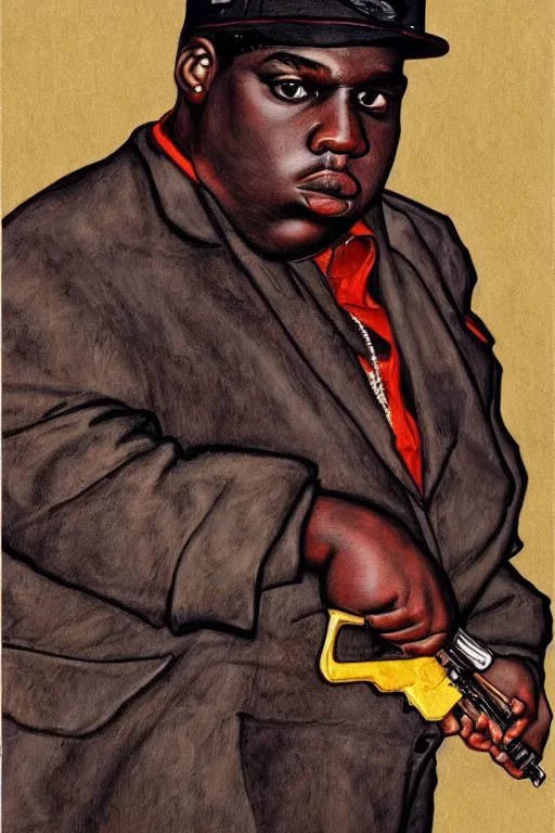 Prompt: a portrait of biggie smalls pointing a gun in style of egon schiele, masterpiece, hyperdetailed, complex, intricate, 4 k, trending on artstation