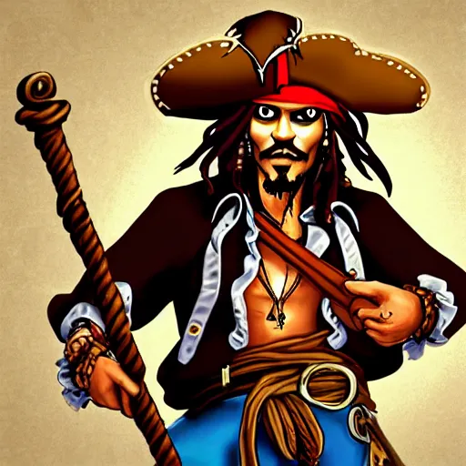 Prompt: Jack Sparrow as Guybrush Threepwood from Monkey Island, retro, 90\'s game
