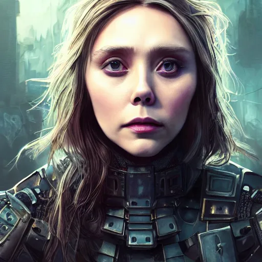 Image similar to elizabeth olsen portrait, dystopia core, apocalyptic, armor, warrior, dramatic, sharp focus, fiction, neon, fantasy, hyper detailed, digital art, trending in artstation, cinematic lighting, studio quality, smooth render, unreal engine 5 rendered, octane rendered, art style and nixeu and wlop and krenz cushart