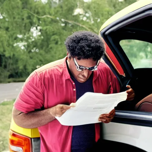 Prompt: perplexed nutty professor reading an upside-down car manual next to a broken-down Ford F-150