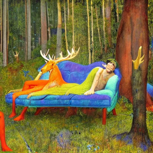 Prompt: psychedelic couch sofa in the lush pine forest, milky way, people with moose antlers, designed by arnold bocklin, jules bastien - lepage, tarsila do amaral, wayne barlowe and gustave baumann, cheval michael, trending on artstation, star, sharp focus, colorful refracted sparkles and lines, soft light, 8 k 4 k