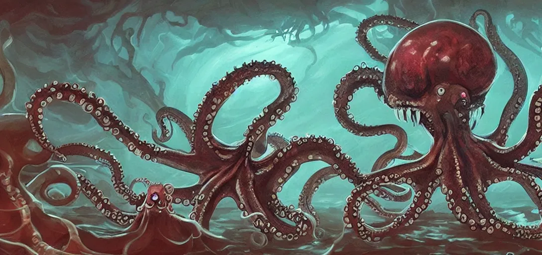 Image similar to concept art of octopus attack, lovecraftian, lots of teeth, melting horror, fighting the horrors of the unknown with laser guns