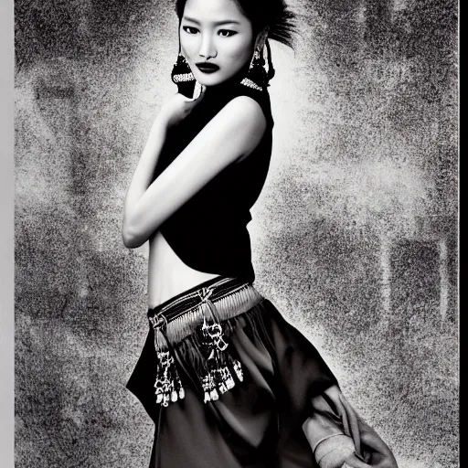 Image similar to a beautiful professional photograph by hamir sardar, herb ritts and ellen von unwerh for the cover of vogue magazine of a beautiful and unusually attractive tibetan female fashion model looking at the camera in a flirtatious way, zeiss 5 0 mm f 1. 8 lens