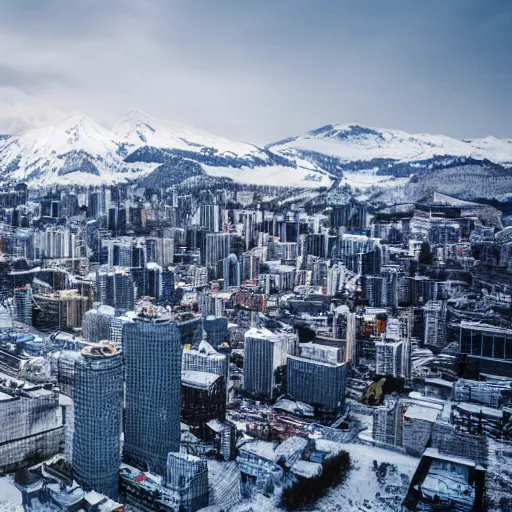 Image similar to a modern city on the top of a snow mountain