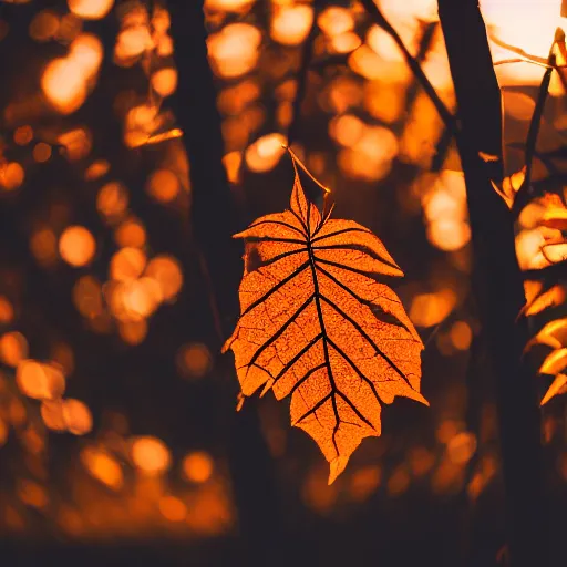 Prompt: closeup photo of tree leafs at sunset, backlighted, professional photo, nikon d 7 2 0 0, f / 1. 8