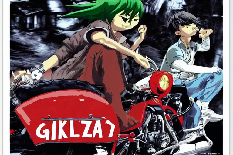 Image similar to italian pizza, akira's motorcycle, gorillaz, poster, high quality