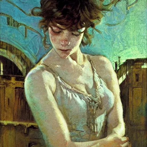 Prompt: young girl lost in a labyrinth, by dean cornwell,