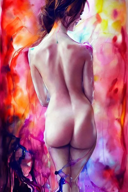 Prompt: sexy lacivious shy smiling sophia vergara by agnes cecile enki bilal moebius, intricated details, 3 / 4 back view, hair styled in a bun, bend over posture, full body portrait, extremely luminous bright design, pastel colours, drips, autumn lights