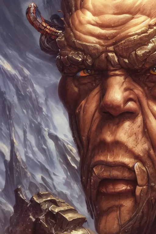 Prompt: closeup portrait shot of olivier richters as destruction of the endless, the sandman, herculean thanos, conan the barbarian, highly detailed, digital painting, artstation, concept art, soft focus, depth of field, artgerm, tomasz alen kopera, peter mohrbacher, donato giancola, wlop, boris vallejo