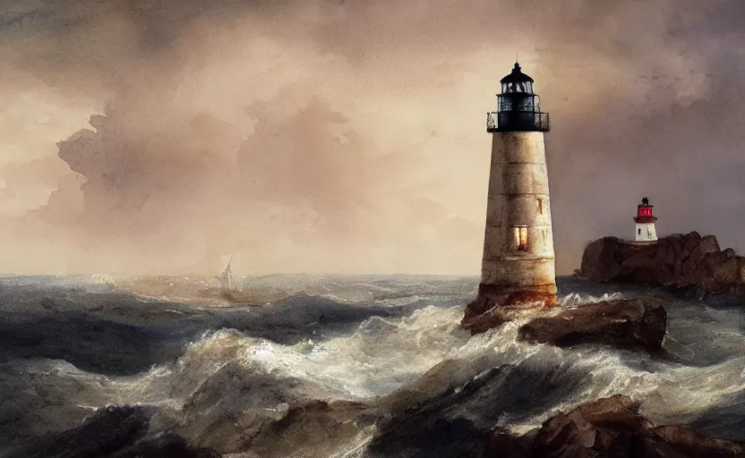 Image similar to a watercolor painting of a single lighthouse in a small rocky island during a violent storm by william turner, high quality, highly detailed, digital painting, masterpiece, turbulent sea, dramatic lighting, cinematic, centered, watercolor, william turner style, 4 k