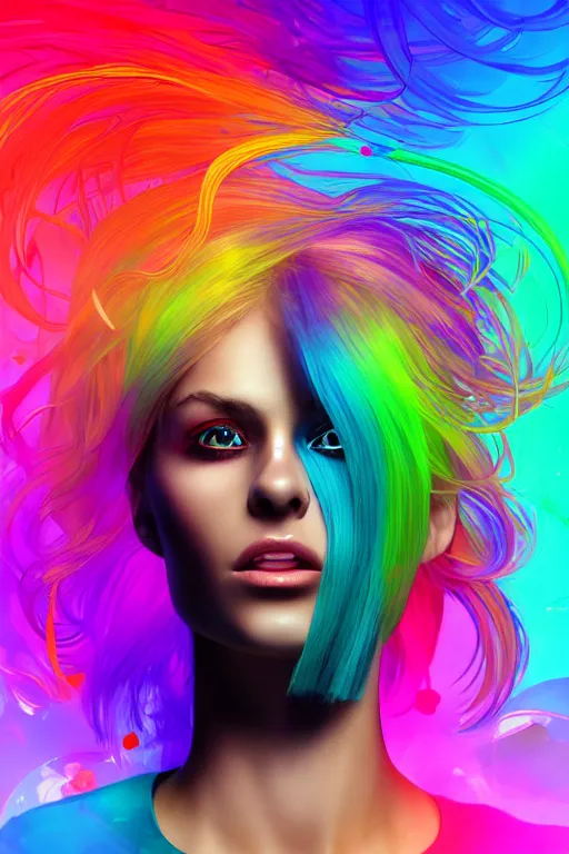 Image similar to a award winning half body portrait of a beautiful woman with stunning eyes in a croptop and cargo pants with rainbow colored ombre hairstyle head in motion and hair flying by thomas danthony, surrounded by whirling illuminated liquids, outrun, vaporware, shaded flat illustration, digital art, trending on artstation, highly detailed, fine detail, intricate