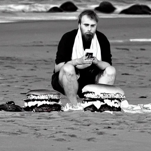 Image similar to burzum eating hamburgers on the beach