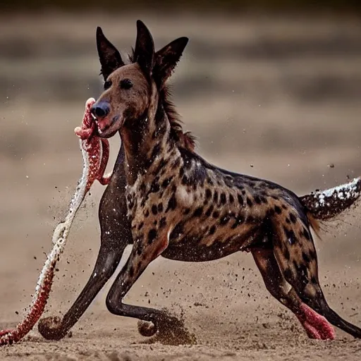 Image similar to National Geographic photo of horse full of octopus being eaten by African hunting dogs