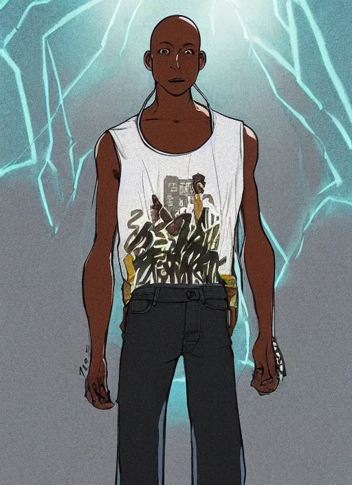 Prompt: character illustration illustrated by tatsuki fujimoto, bald african-american male teenager wearing a white tank-top, intricate cyberpunk city, emotional lighting