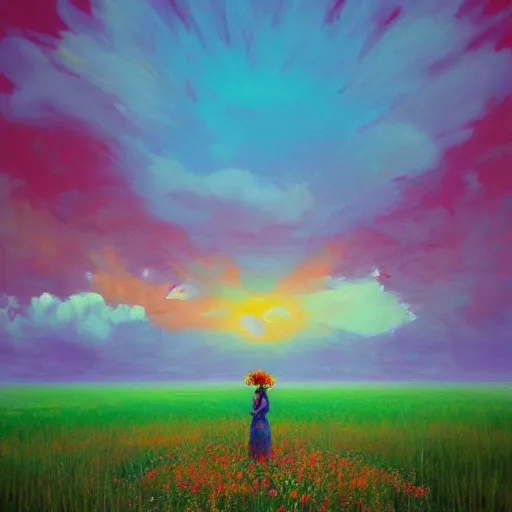 Prompt: woman with a flower face standing in flower field, surreal painting, sunrise, impressionism, colorful clouds, artstation, simon stalenhag