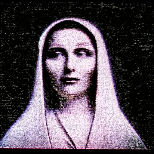 Image similar to vhs static overlay of marian apparition, vhs, 1 9 9 0, highly realistic, highly detailed, vhs noise static, black and white, vhs glitch