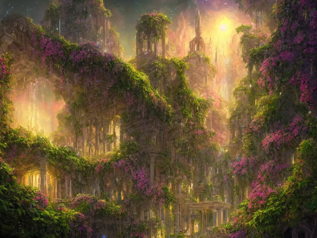 Image similar to beautiful highly detailed digital illustration of a celestial palatial garden with pillars of light towering above. by Andreas Rocha, colorful nebula in the night sky, stars, flowers and vines and creepers, establishing shot, cinematic, architecture, artstation HQ, HD, 8k resolution, featured in art magazine