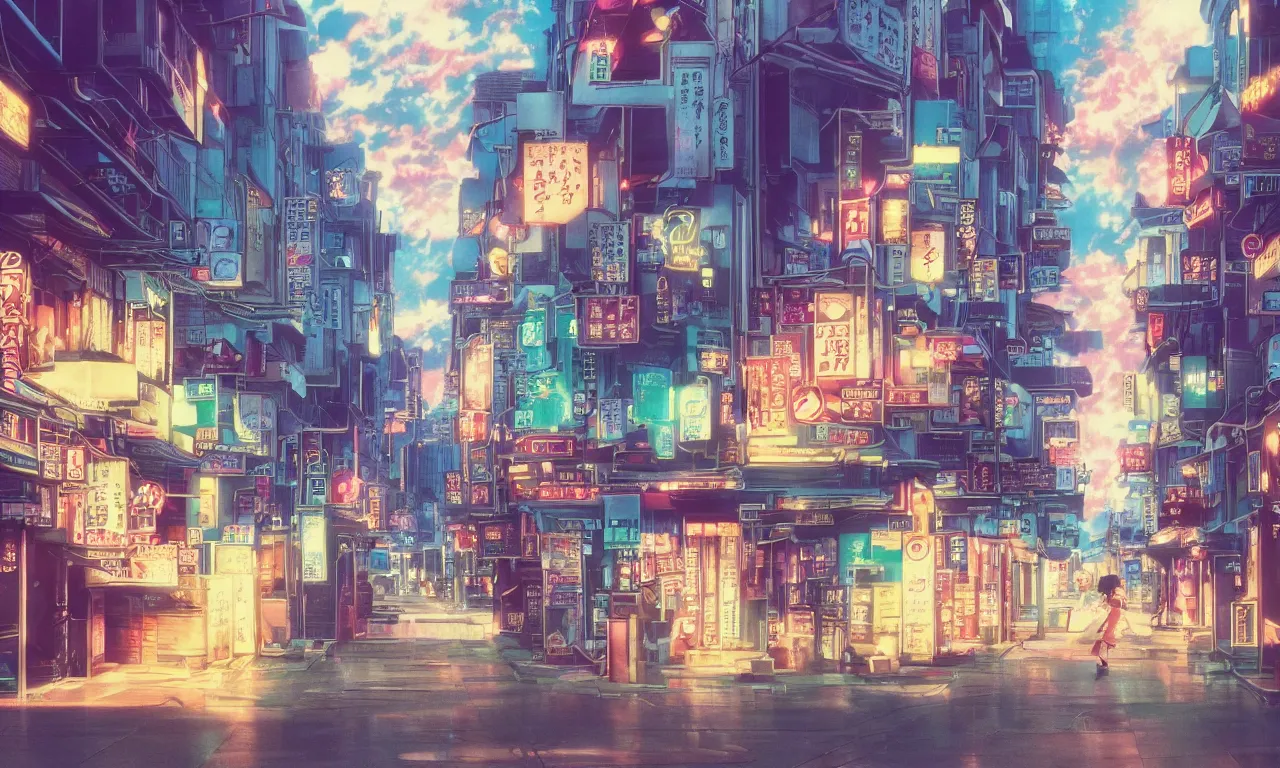 Prompt: A film still from a 1990s Sailor Moon cartoon featuring a moody street in Japan with a waterfall, lofi aesthetic, golden hour, cinematic look, film grain, high detail, high resolution, 8k