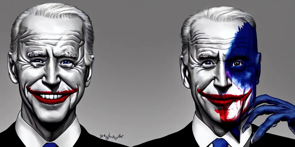 Prompt: Joe Biden as a the Joker. Creepy smile. Concept Art. 8k Resolution High Quality