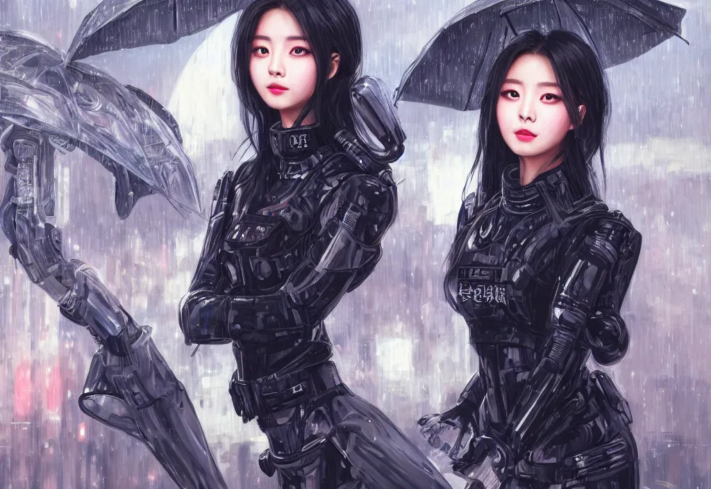 Image similar to portrait tzuyu from twice + black hair of futuristic female police, black armored uniform, at rooftop futuristic colorpunk tokyo rainy night, ssci - fi and fantasy, intricate and very very very beautiful, highly detailed, digital painting, artstation, concept art, smooth and sharp focus, illustration, art by tian zi and wlop and alphonse mucha