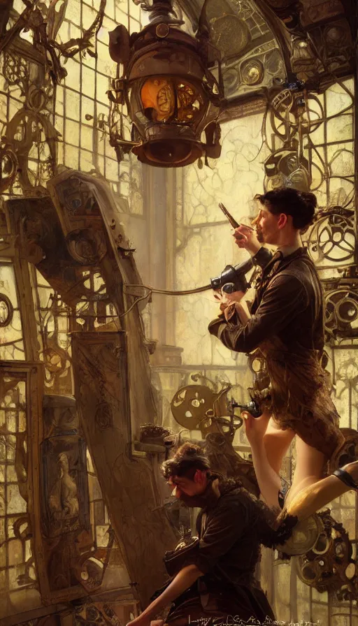 Prompt: hyper realistic photographer looking through camera, magical, steampunk, painted by norman rockwell, tom bagshaw, mucha, gaston bussiere, craig mullins, j. c. leyendecker 8 k