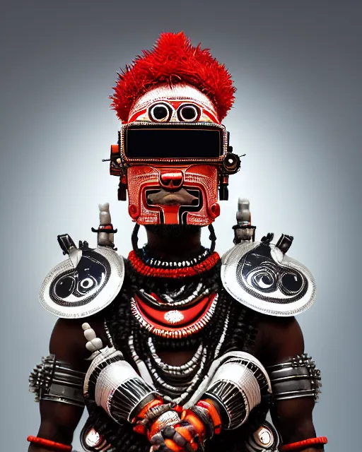 Prompt: photo of a Dramatic Theyyam male character with traditional headgear painted face wearing futuristic robocop LED goggles and futuristic robot armour with wide traditional ghaghra in the style of stefan kostic, full body, realistic, sharp focus, symmetric, 8k high definition, insanely detailed, intricate, elegant, art by stanley lau and artgerm, Hajime Sorayama, William-Adolphe Bouguereau