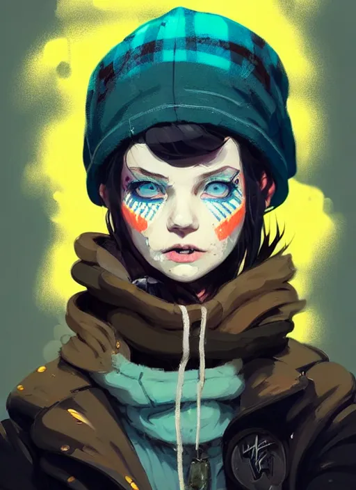 Image similar to highly detailed portrait of a sewer punk lady student, blue eyes, tartan hoody, hat, white hair by atey ghailan, by greg rutkowski, by greg tocchini, by james gilleard, by joe fenton, by kaethe butcher, gradient yellow, black, brown and cyan color scheme, grunge aesthetic!!! ( ( graffiti tag wall background ) )