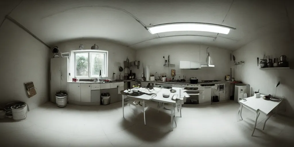 Image similar to minimalistic kitchen dim lit by a candle simon stalenhag, fisheye camera, extreme perspective