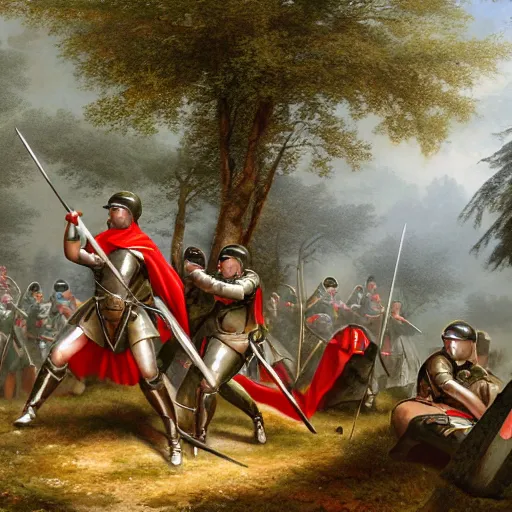 Prompt: soldiers with shields and swords and bows! hiding behind trees! on an elevated hill in a! misty, foggy! forest looking down on a army of gladiators with red capes, walking on a path through the forest below them.! shiny swords, well equiped. painting by eugene de lacroix, 4 k, realistic, anatomically correct, beautiful