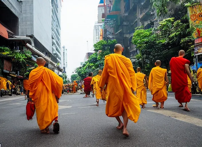 Prompt: In a future Bangkok, yellow-robed monks and elephants walk the streets of a bustling city under the hot sun ,by jamie jones