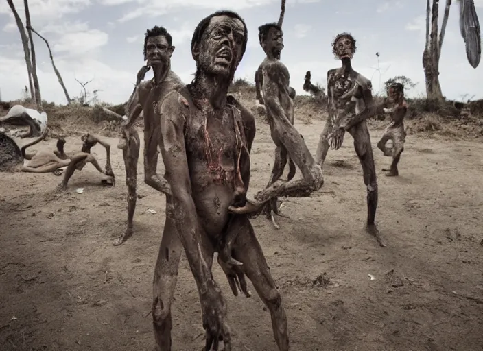 Image similar to sensual scene from art house film by alejandro jodorowsky, roger ballen, surreal dance scene of ritual in a picturesque outdoors setting, ashes, new guinea mud man, costumes, snakes, smoke, close - up of the actors'faces, sharp, medium format 6 x 6, 1 6 k