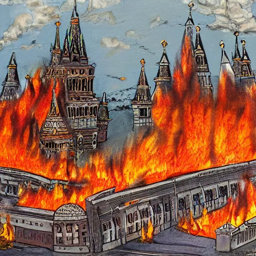 Image similar to high quality image of burning Kremlin, highly detailed