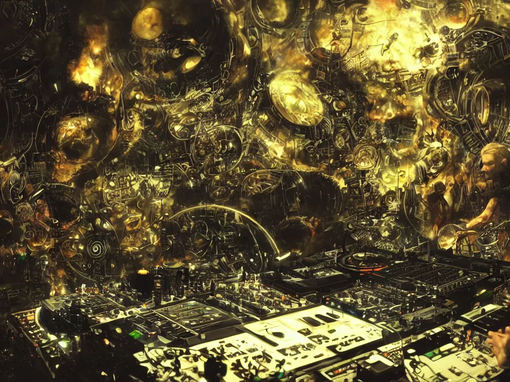 Prompt: an incredible masterpiece of a cyborg dj is playing a vast array of highly evolved and complex musical technology surrounded by an incredible and complex circular structure lit by fire, by craig mullins