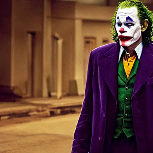 Image similar to a cinematic photograph of Morgan Freeman playing the Joker