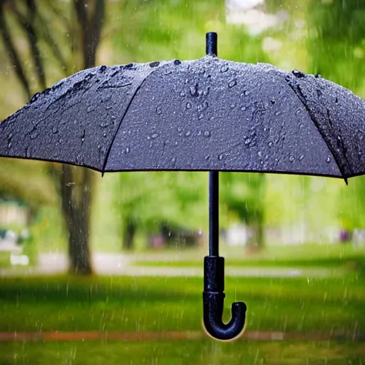 Prompt: a wooden umbrella leaning against your knee, raining, photo