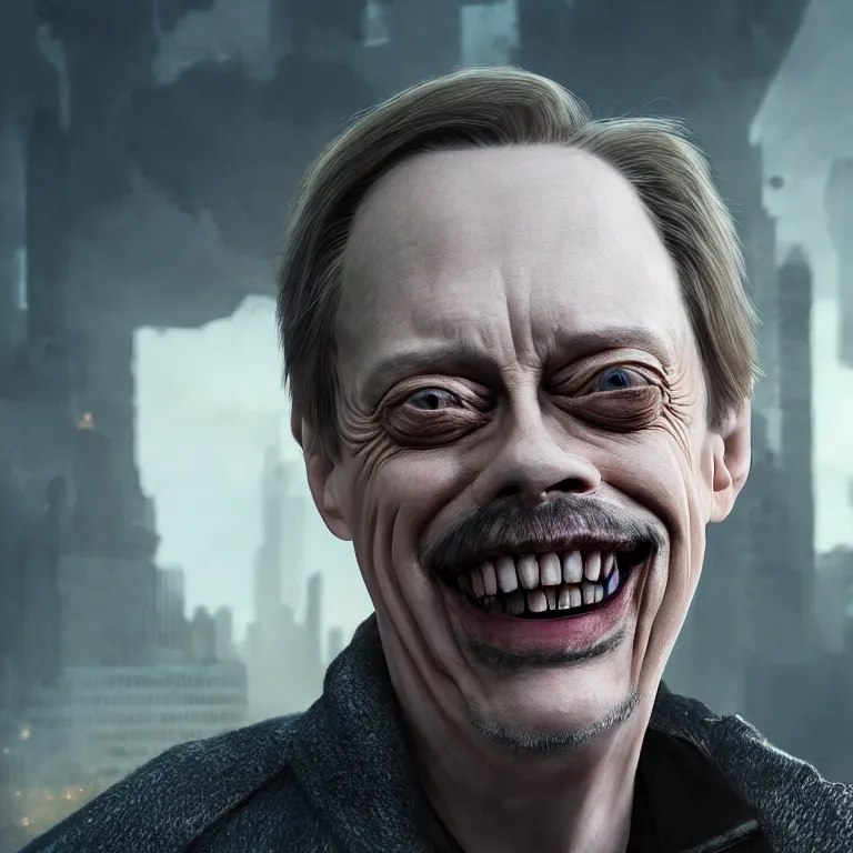 Image similar to steve buscemi smiling during the apocalypse, intricate details, complementary lighting, detailed face, backlighting, octane render, raytraced, depth of field, extremely detailed, trending in artstation, focus on face, sharp focus, radiant light, beautiful composition, yihao ren, zochi, zero - hour, jean paul fiction