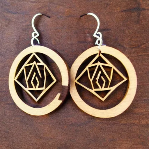 Image similar to 2 d wood lasercut earrings, mystical symbols, 8 k, hd, trending on amazon on artstation, trending on deviantart, trending on etsy, epic digital art