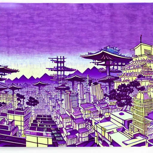 Image similar to purple cyberpunk city, by Hokusai